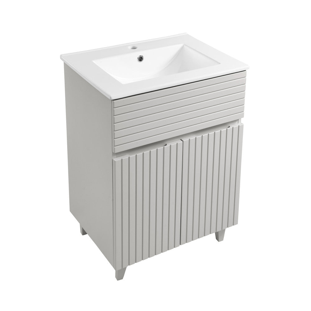 24-inch freestanding bathroom vanity in shell color, single sink, grooved door design.