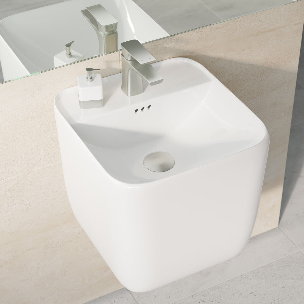 17.5" white wall-mount bathroom sink with rounded edges and single faucet hole.