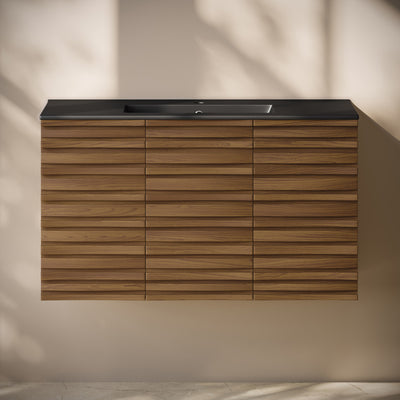 Cascade 36" Wall-Mounted Bathroom Vanity in Brown Oak with Black Sink Top