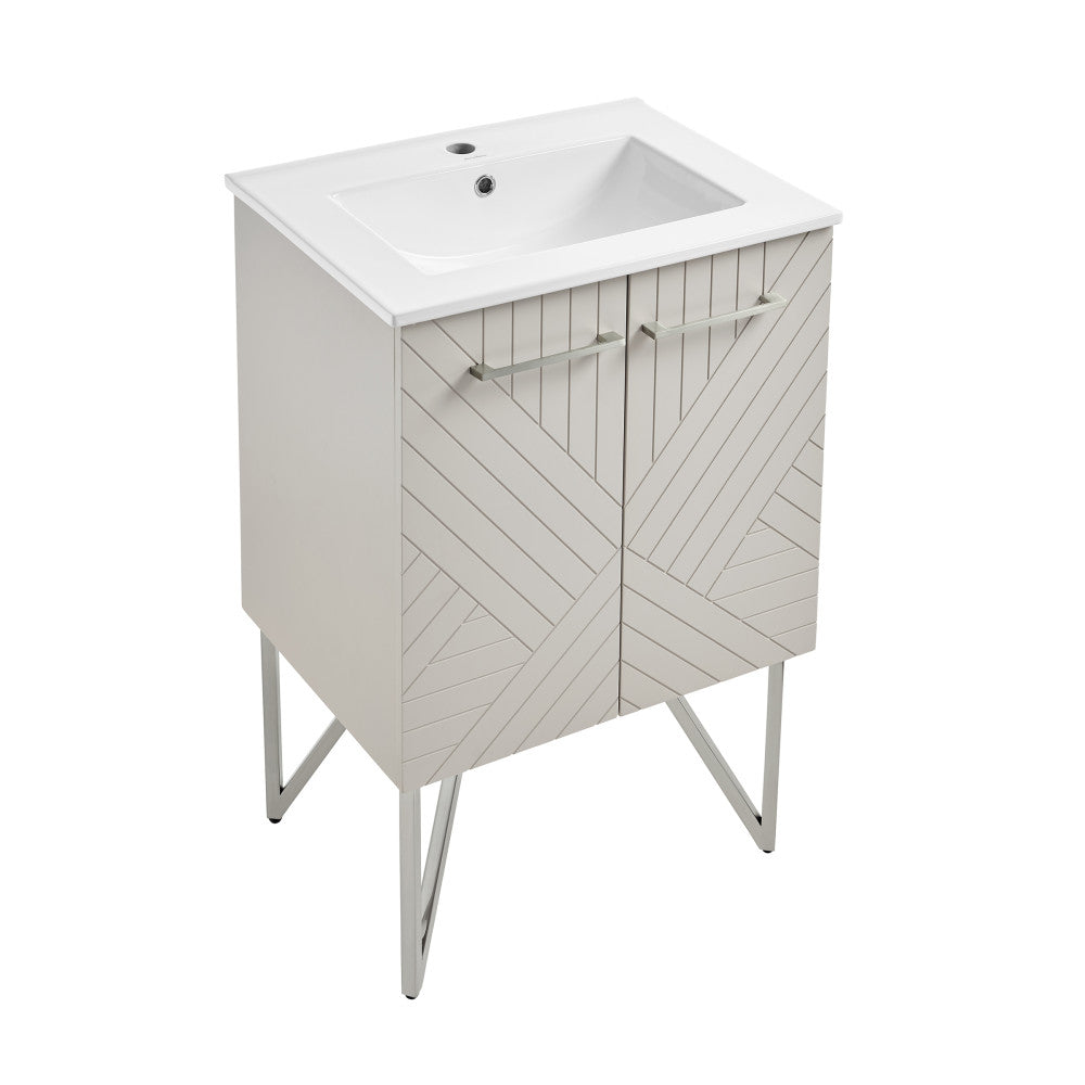 24-inch freestanding greige bathroom vanity with single sink and angled panel doors.