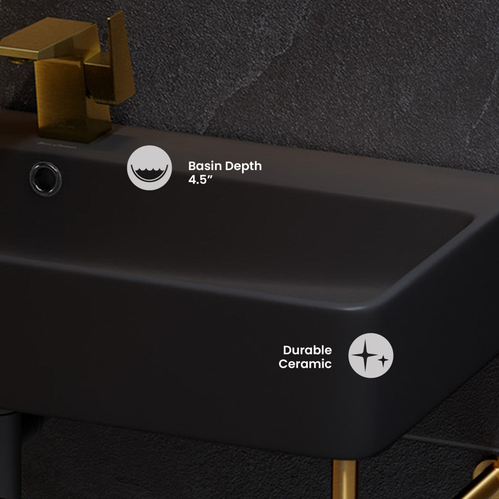 Carre 36 Ceramic Console Sink Matte Black Basin Brushed Gold Legs
