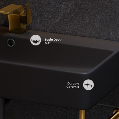 Carre 36 Ceramic Console Sink Matte Black Basin Brushed Gold Legs