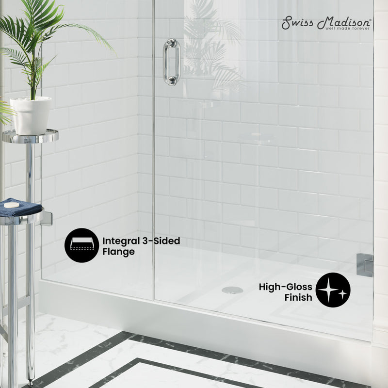 Voltaire 60" x 32" Acrylic White, Single-Threshold, Center Drain, Shower Base