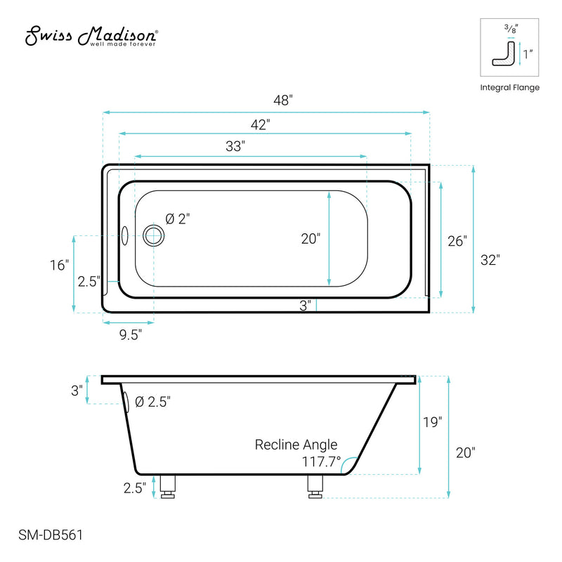 Voltaire 48" x 32" Left-Hand Drain Alcove Bathtub