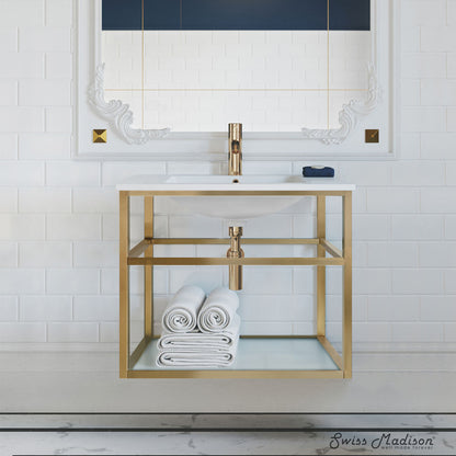 Pierre 30 Single, Open Shelf, Gold Metal Frame Bathroom Vanity