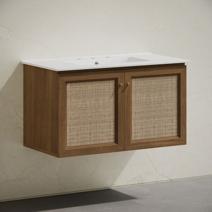 Classe 36" Wall-Mounted Bathroom Vanity in Brown Oak with Widespread Faucet Holes Vanity Top