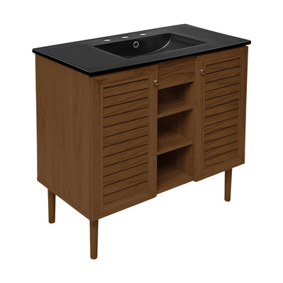 Bron 36" Freestanding Bathroom Vanity in Brown Oak with Black 3-Hole Widespread Sink Top