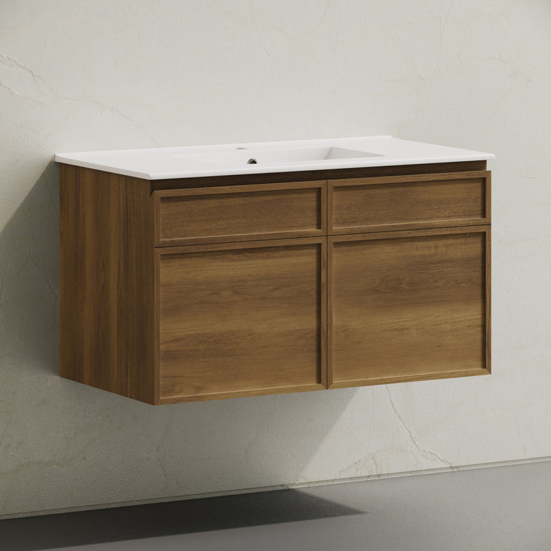 St. Tropez 36" Wall-Mounted Bathroom Vanity in Brown Oak with Sink Top