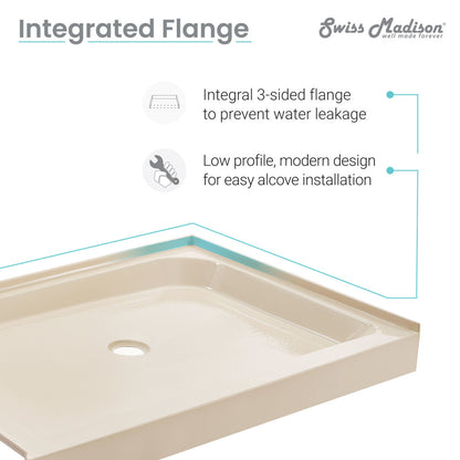 Single-threshold shower base 60"x36" with left-hand drain, integral 3-sided flange, biscuit color.