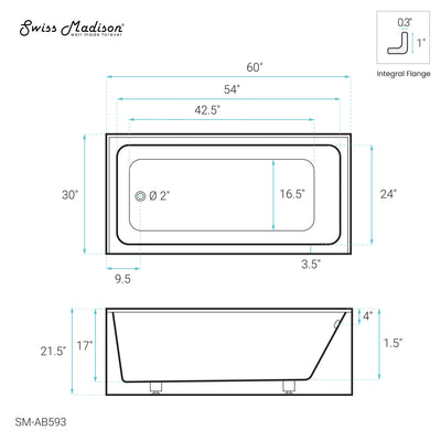 Voltaire 60" x 30" Left-Hand Drain Alcove Bathtub with Apron