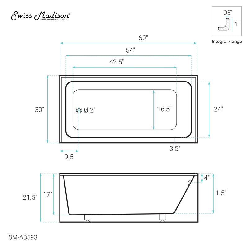 Voltaire 60" x 30" Left-Hand Drain Alcove Bathtub with Apron