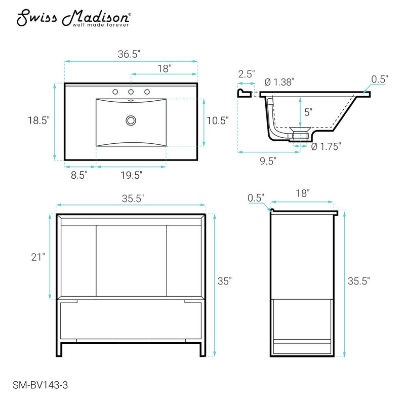 Marseille 36 in. Gray Bathroom Vanity With White, 3-Hole Ceramic Sink Top