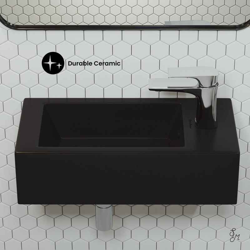 Voltaire 19.5 x 10 Rectangular Ceramic Wall Hung Sink with Right Side Faucet Mount, Matte Black