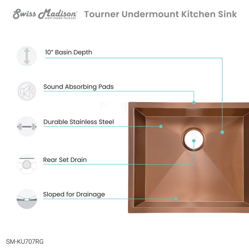 Tourner 21 x 18 Stainless Steel, Single Basin, Undermount Kitchen Sink, Rose Gold