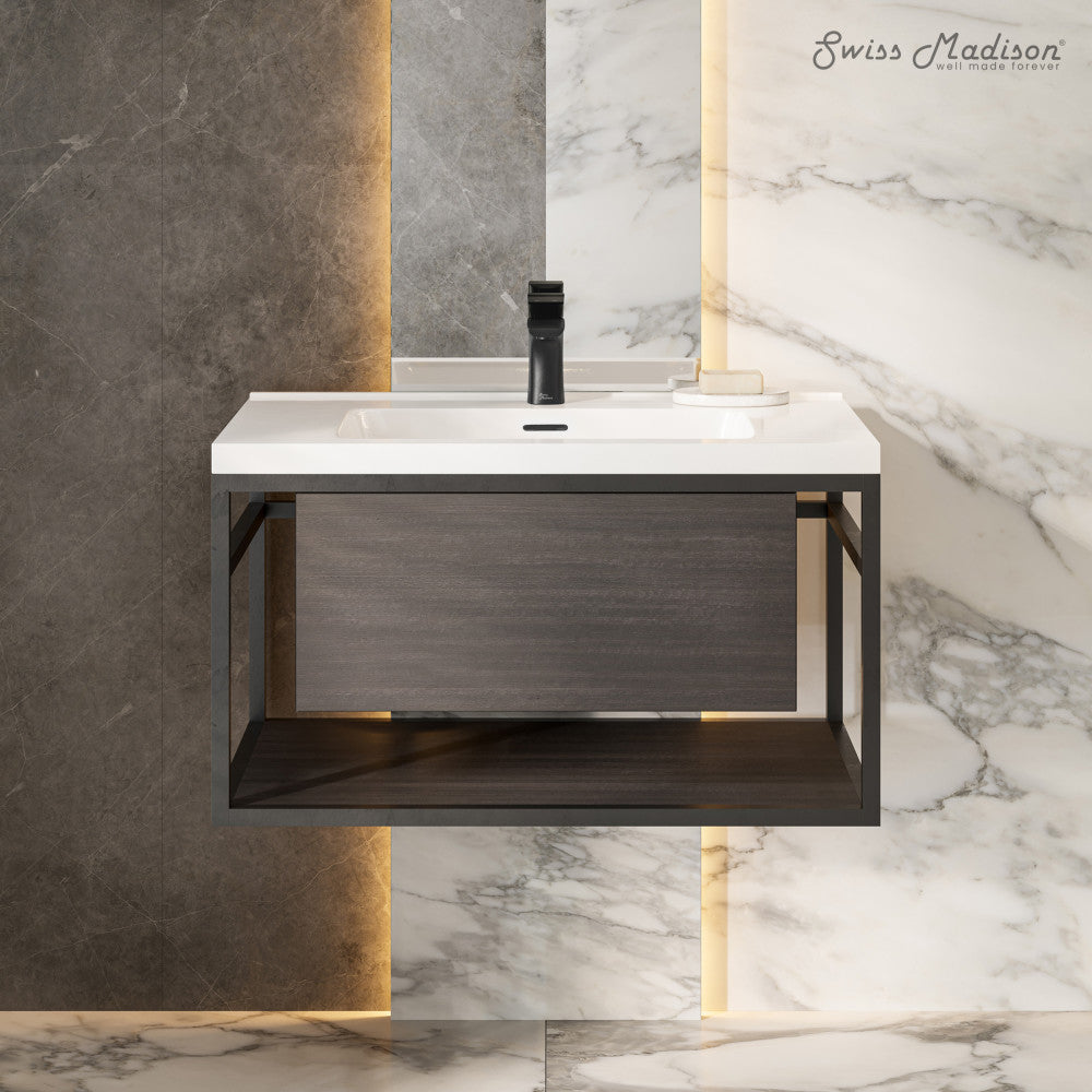 Claire 30" Wall-Mounted Bathroom Vanity in Black Oak with Sink Top