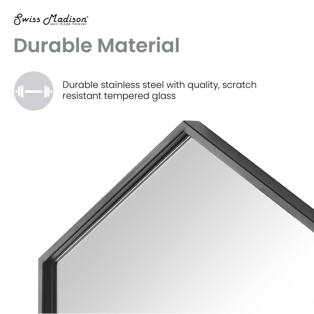 19" wall-mounted vanity mirror in phantom black with durable stainless steel frame and tempered glass.
