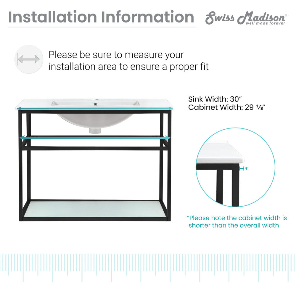 30-inch wall-mount bathroom vanity with open shelf, matte black metal frame, white sink top.