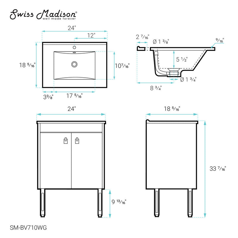 Lumiére 24" Freestanding Bathroom Vanity in White with Sink Top