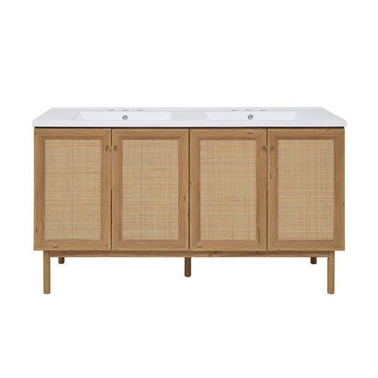 Classe 60" Freestanding Bathroom Vanity in Golden Oak with 3-Hole Widespread Double Basin Sink Top