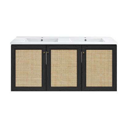 Classe 48" Wall-Mounted Bathroom Vanity in Black Oak with Double Basin Sink Top