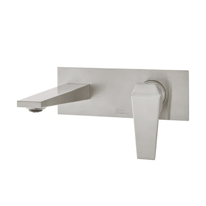 Wall-mount single-handle bathroom faucet in brushed nickel with rectangular backplate and angular spout.