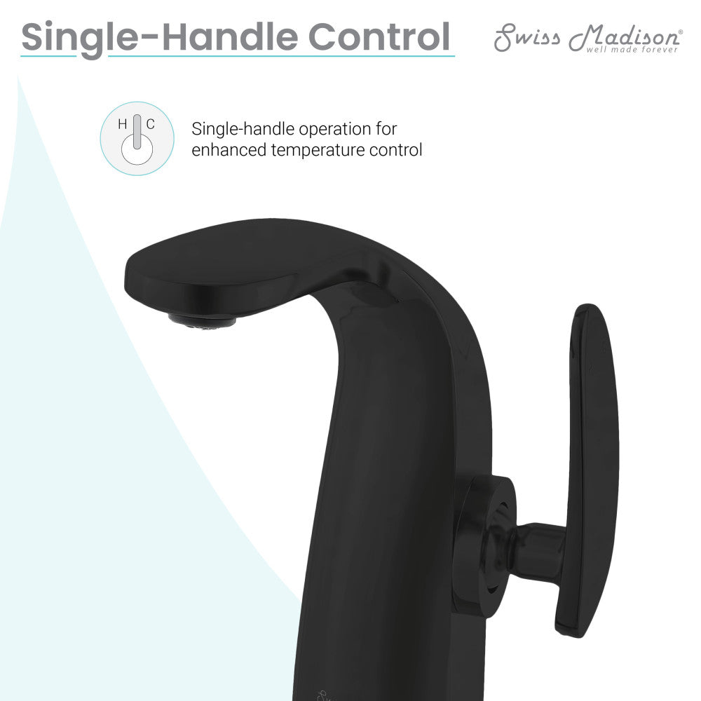 Single-handle bathroom faucet in matte black, sleek curved spout and lever handle design.