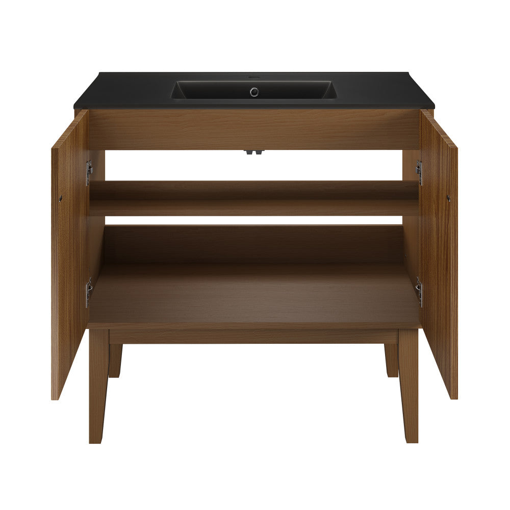 Bosse 36" Freestanding Bathroom Vanity in Brown Oak with Black Sink Top