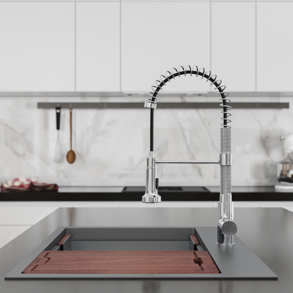 Single-handle pull-down kitchen faucet in chrome with flexible coil spring spout and side spray.