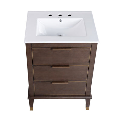 Hugo 24 in. Brown Oak Bathroom Vanity With White, 3-Hole Ceramic Sink Top