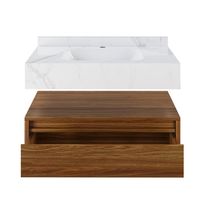 Avancer 36" Wall-Mounted Bathroom Vanity in Brown Oak with White Marble Sink Top