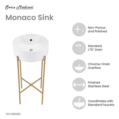 Monaco 15.75" Round Console Sink with Faucet Mount, White Basin Brushed Gold Legs