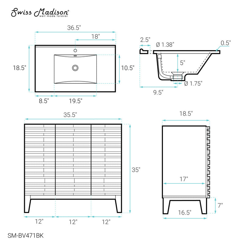 Cascade 36" Brown oak Bath Vanity With White Ceramic Sink Top