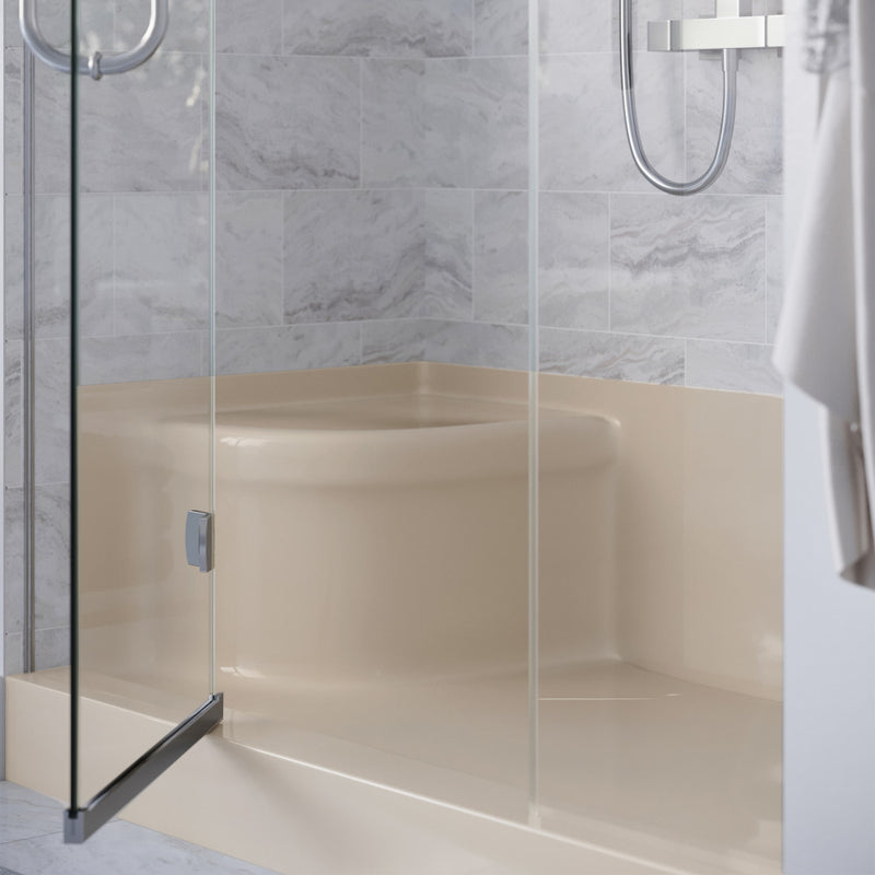 Aquatique 60" x 32" Single Threshold Shower Base With Right Hand Drain and Integral Left Hand Seat in Biscuit