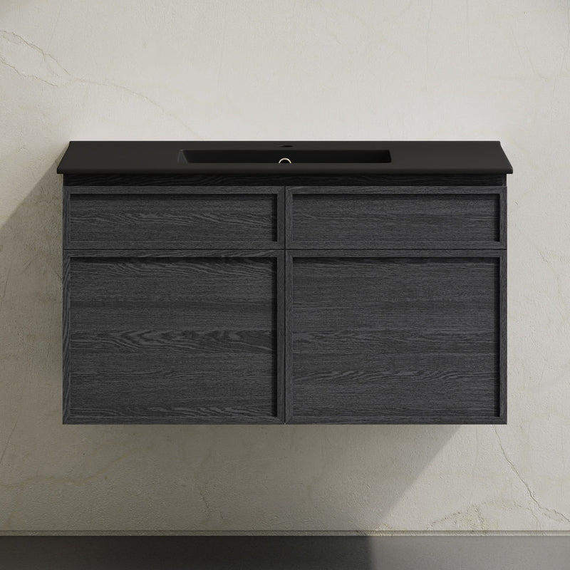St. Tropez 36" Wall-Mounted Bathroom Vanity in Black Oak with Black Sink Top