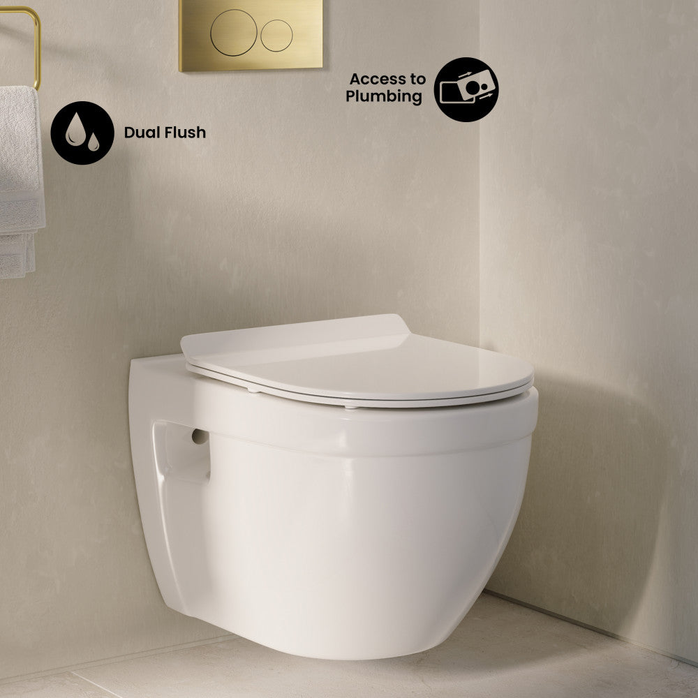 Ivy Wall-Hung Toilet Bundle 0.8/1.6 GPF Dual Flush in Glossy White with Brass Flush Plate