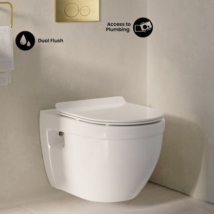 Ivy Wall-Hung Toilet Bundle 0.8/1.6 GPF Dual Flush in Glossy White with Brass Flush Plate