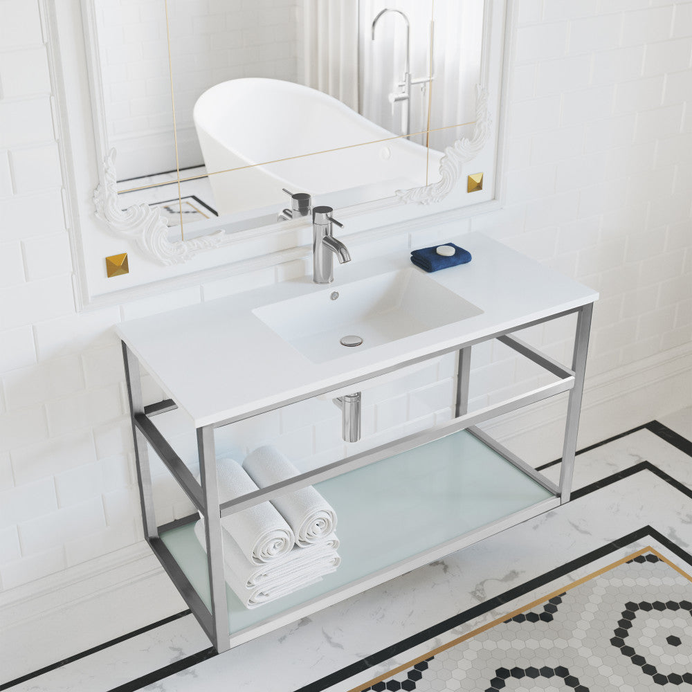 36-inch wall-mounted bathroom vanity with chrome frame, open shelf, and white sink top.