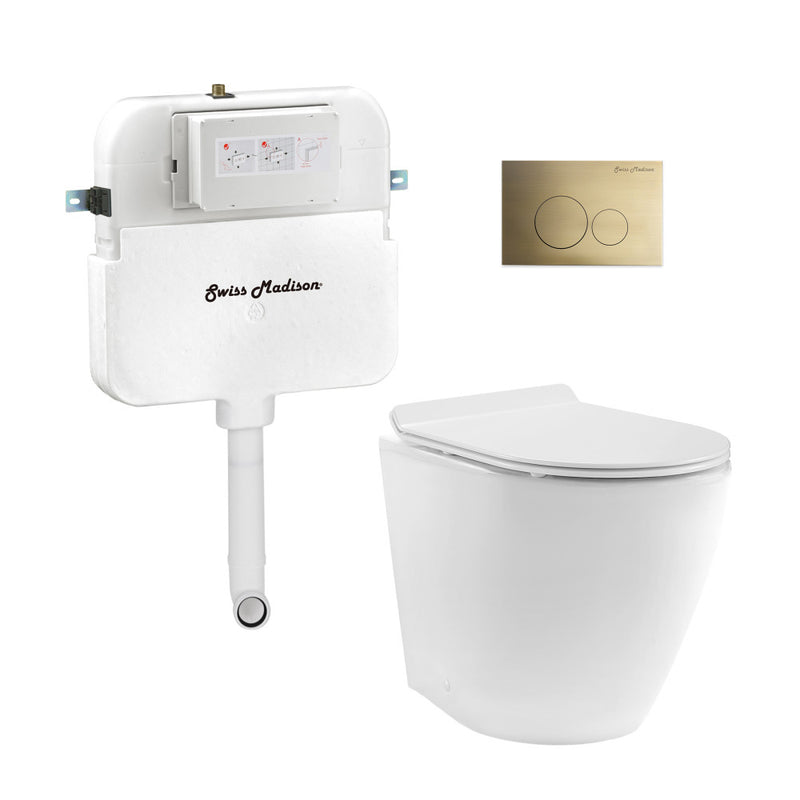 St. Tropez Back-to-Wall Toilet Bundle 0.8/1.6 GPF Dual Flush in Glossy White with Brass Flush Plate