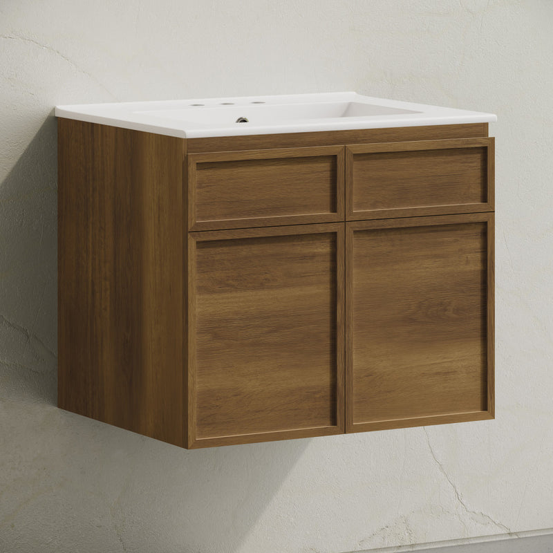 St. Tropez 24" Wall-Mounted Bathroom Vanity in Brown Oak with 3-Hole Centerset Sink Top