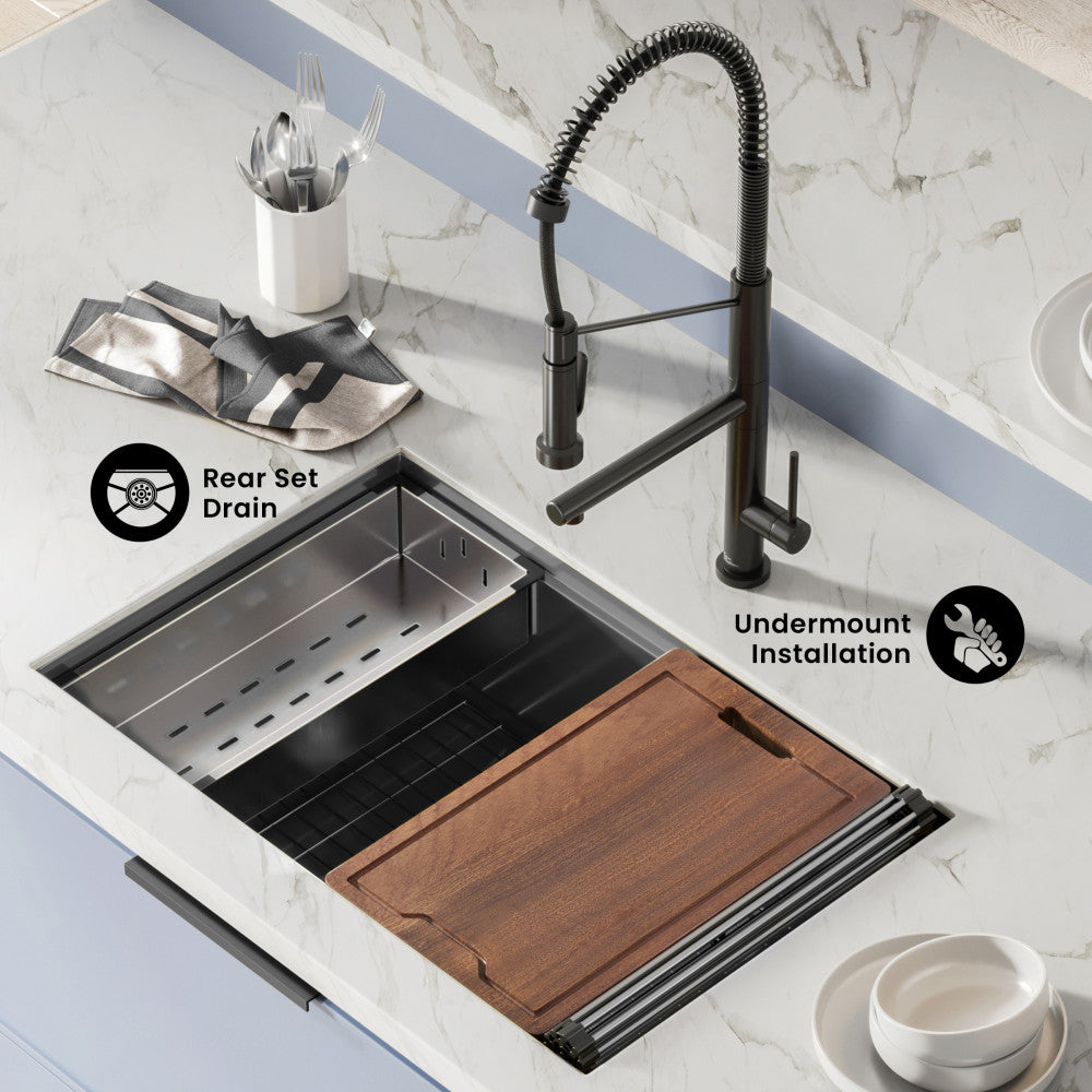 Tourner 30 x 19 Stainless Steel, Single Basin, Undermount Kitchen Workstation Sink in Black