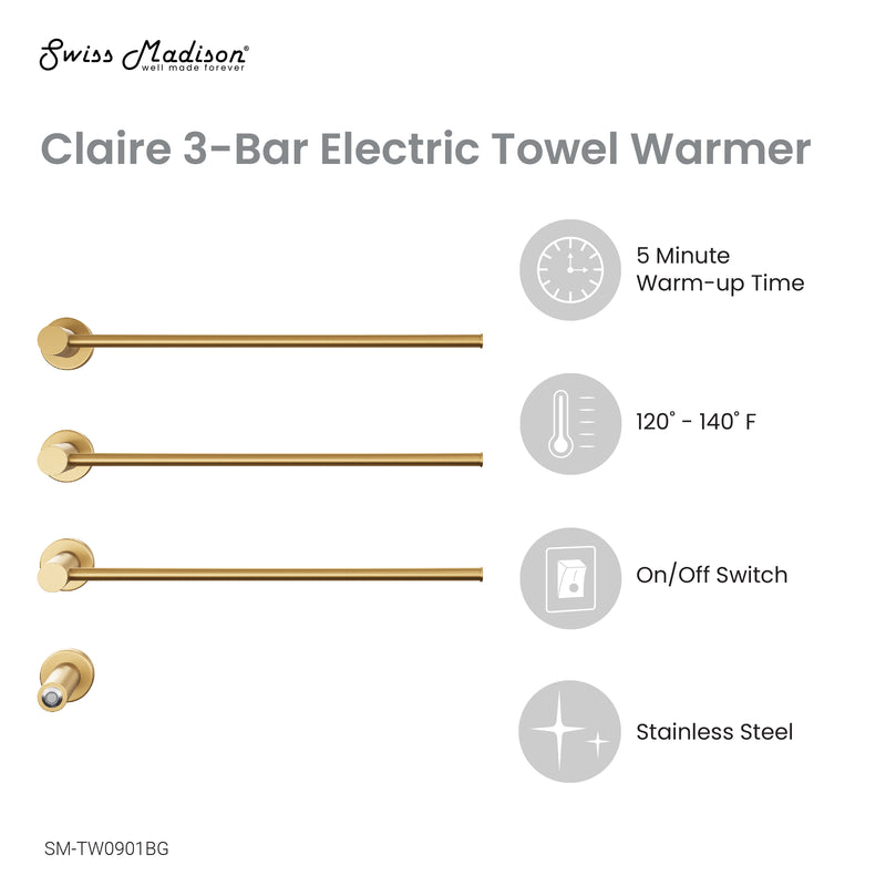 Claire 3-Bar Electric Towel Warmer in Brushed Gold