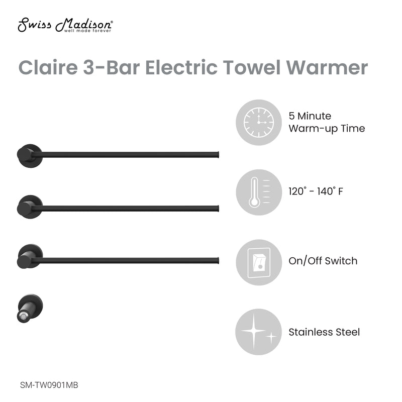 Claire 3-Bar Electric Towel Warmer in Matte Black