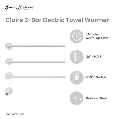 Claire 3-Bar Electric Towel Warmer in Matte White