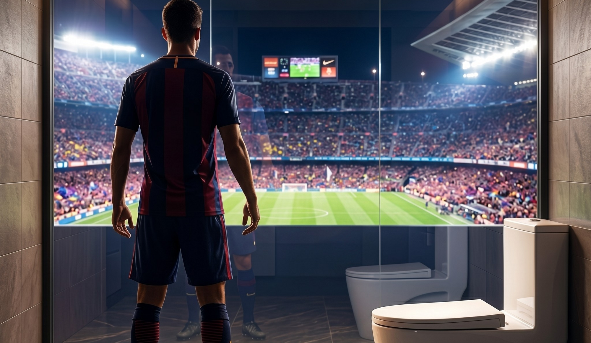 Person in sports jersey standing in a bathroom looking at a large mirror reflecting a soccer stadium.