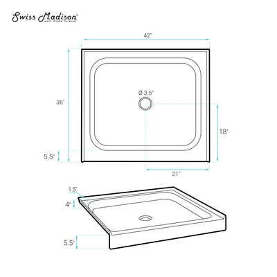 Voltaire 42" x 36" Acrylic White, Single-Threshold, Center Drain, Shower Base