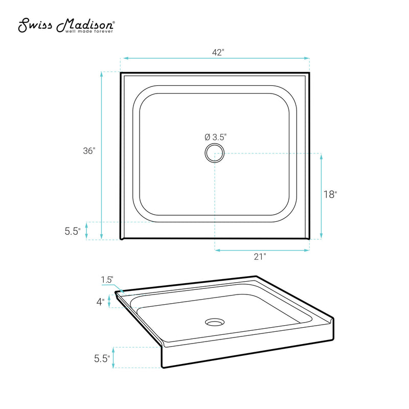 Voltaire 42" x 36" Acrylic White, Single-Threshold, Center Drain, Shower Base