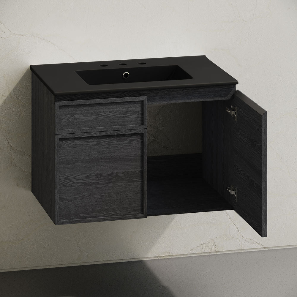 St. Tropez 30" Wall-Mounted Bathroom Vanity in Black Oak with Black 3-Hole Widespread Sink Top