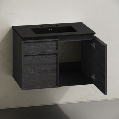 St. Tropez 30" Wall-Mounted Bathroom Vanity in Black Oak with Black 3-Hole Widespread Sink Top