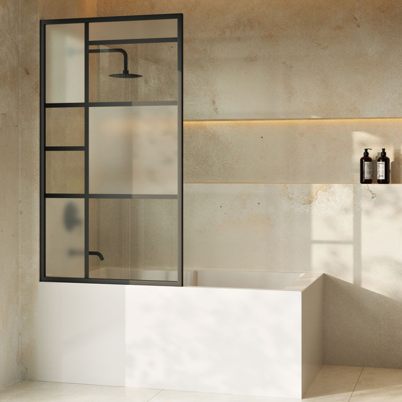 Leiden 34 x 58 Framed Fixed 3/8 in. (10mm) Frosted Tempered Glass Tub Door with Black Matte Frame