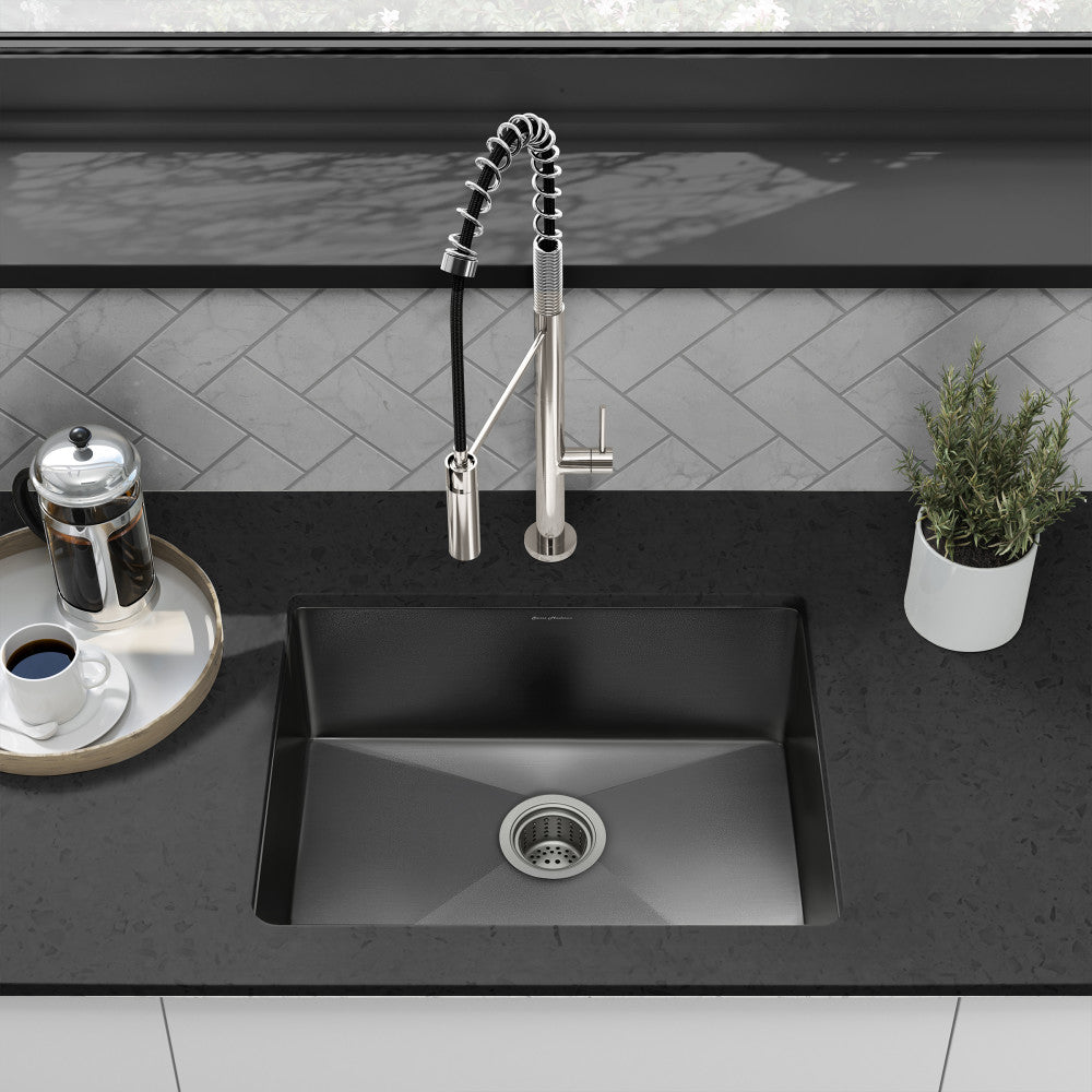 23 x 18 inch black stainless steel undermount single basin kitchen sink with angled corners.
